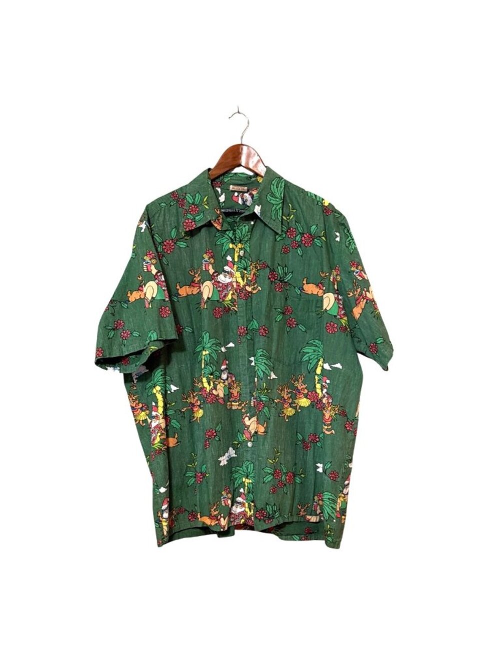 Vtg Go Barefoot Hawaiian Christmas Shirt 3XL Green Santa & Reindeer Aloha Print